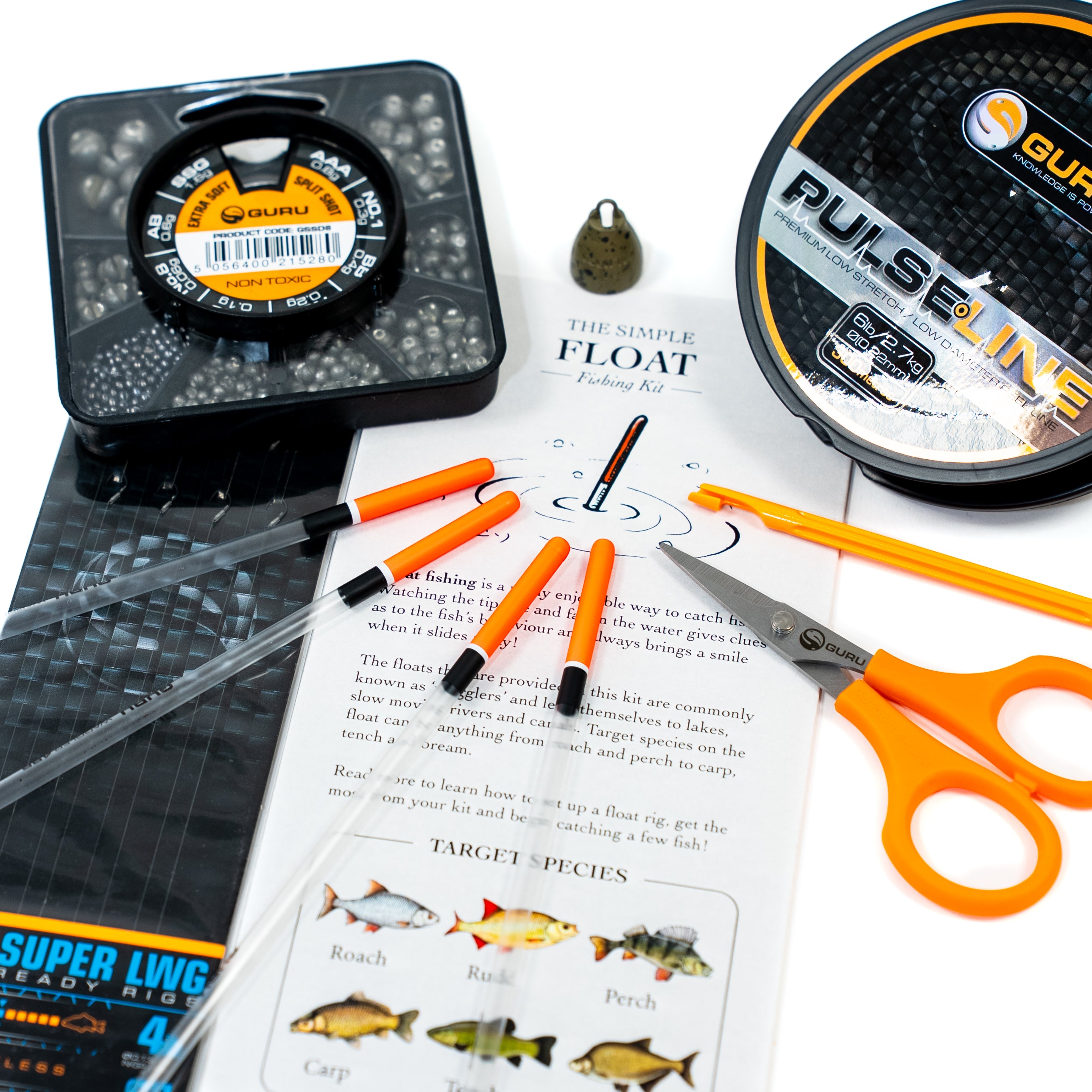 waggler floats, line, spilt shot, scissors, disgorger, plummet and ready tied rigs.