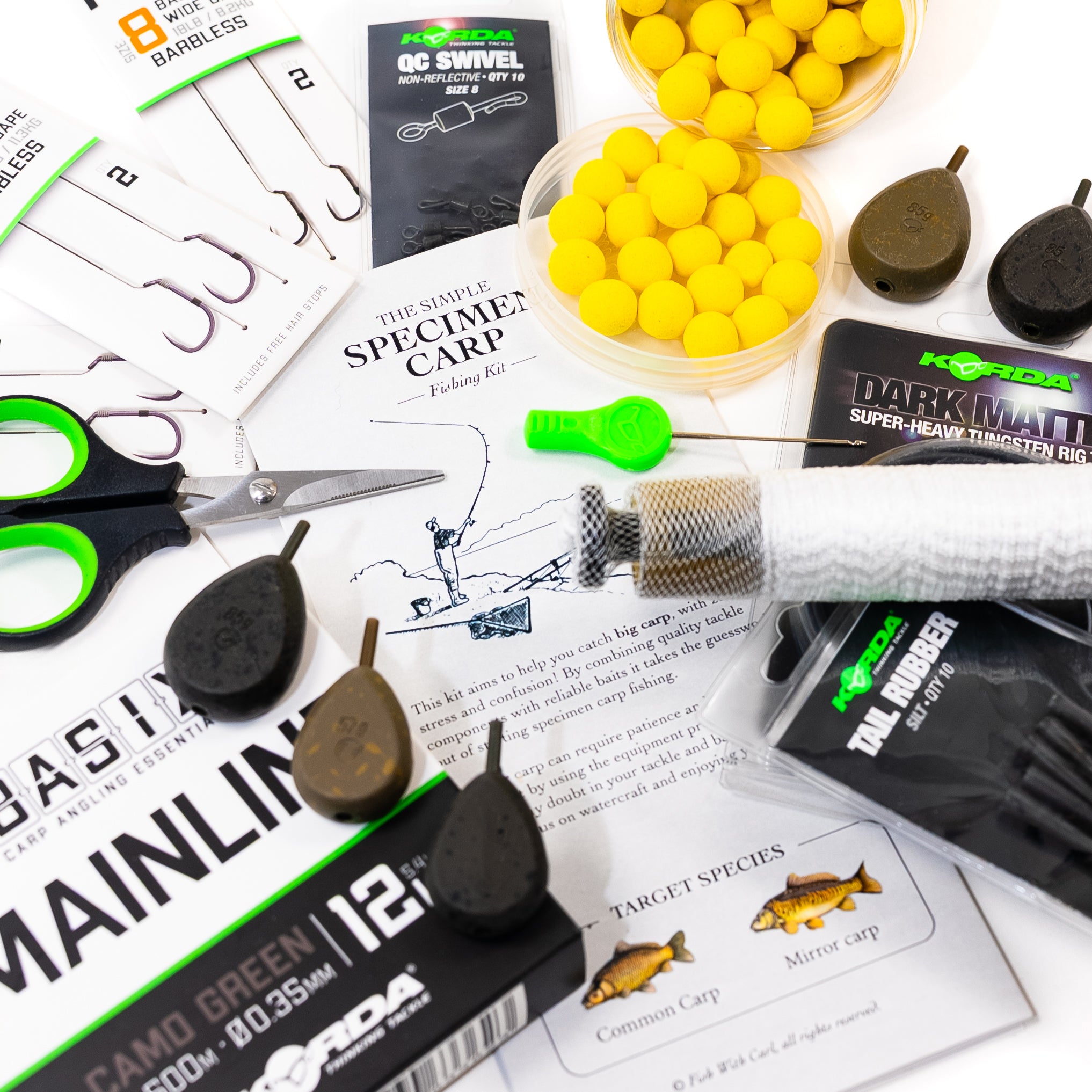 PVA, pop ups, weights, baiting needle, quick change swivel. All Korda components.